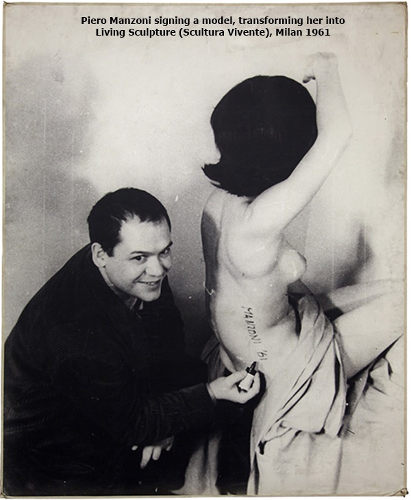 Piero Manzoni signing a model, transforming her into Living Sculpture (Scultura Vivente), Milan
1961