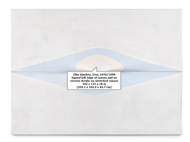 Zilia Sánchez

Eros, 1976/1998

Signed left edge of canvas and on reverse

Acrylic on stretched canvas

102 x 135 x 18 in (259.1 x 342.9 x 45.7 cm)