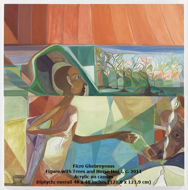 Ficre Ghebreyesus
Figure with Trees and Horse Head, c. 2011
Acrylic on canvas
Diptych; overall 48 x 48 inches (121.9 x 121.9 cm)
GL 13493
