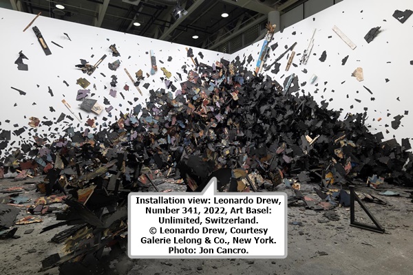click to enlarge- double click to reduce Installation view: Leonardo Drew, Number 341, 2022, Art Basel: Unlimited, Switzerland. © Leonardo Drew, Courtesy Galerie Lelong & Co., New York. Photo: Jon Cancro.