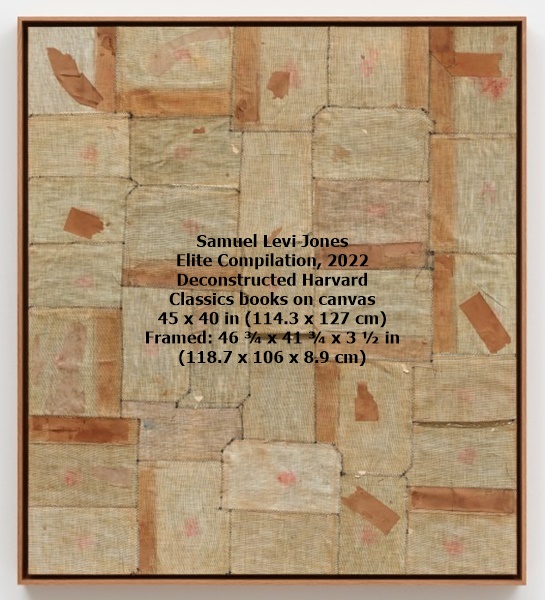 Samuel Levi Jones

Elite Compilation, 2022

Deconstructed Harvard Classics books on canvas

45 x 40 in (114.3 x 127 cm)
Framed: 46 ¾ x 41 ¾ x 3 ½ in (118.7 x 106 x 8.9 cm)