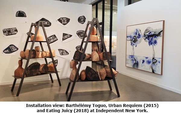 click to enlarge- double click to reduce Installation view: Barthélémy Toguo, Urban Requiem (2015) and Eating Juicy (2018) at Independent New York.