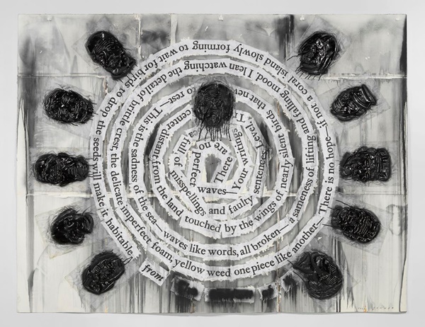 click to enlarge- double click to reduce Jaume Plensa
WAVES LIKE WORDS, 2023
Mixed media and collage on paper
74 ¾ x 97 ⅝ in (190 x 248 cm)
(GL16309)