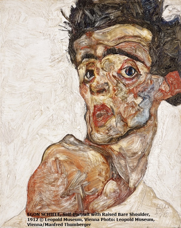 click to enlarge- double click to reduce EGON SCHIELE, Self-Portrait with Raised Bare Shoulder, 1912 © Leopold Museum, Vienna Photo: Leopold Museum, Vienna/Manfred Thumberger