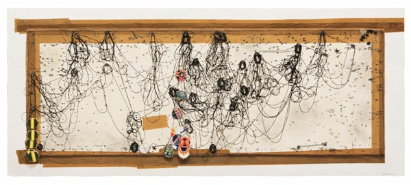 click to enlarge- double click to reduce Jacob Hashimoto
All These Burnt Out Comets, Unwound Ciphers, and the Dark Span of Madness
2019
Mixografia® print on handmade paper and archival pigment print
Edition of 23
Hand signed and dated lower right, numbered lower left
25 x 59 in (63.5 x 149.9 cm)
Mint condition