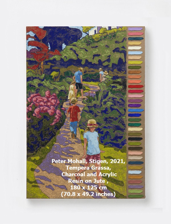 click to enlarge- double click to reduce Peter Mohall, Stigen, 2021, Tempera Grassa, Charcoal and Acrylic Resin on Jute , 180 x 125 cm (70.8 x 49.2 inches)