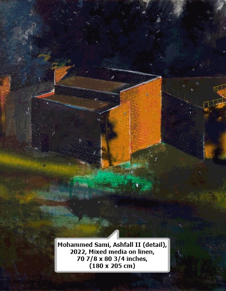 click to enlarge- double click to reduce Mohammed Sami, Ashfall II (detail), 2022, Mixed media on linen, 70 7/8 x 80 3/4 inches, (180 x 205 cm)