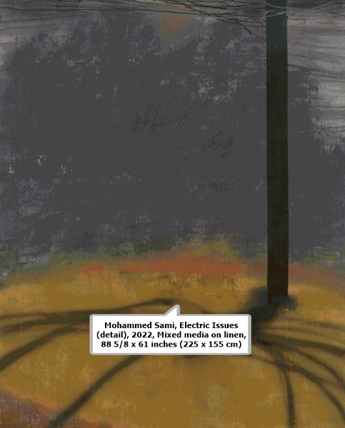 Mohammed Sami, Electric Issues (detail), 2022, Mixed media on linen, 88 5/8 x 61 inches (225 x 155 cm)