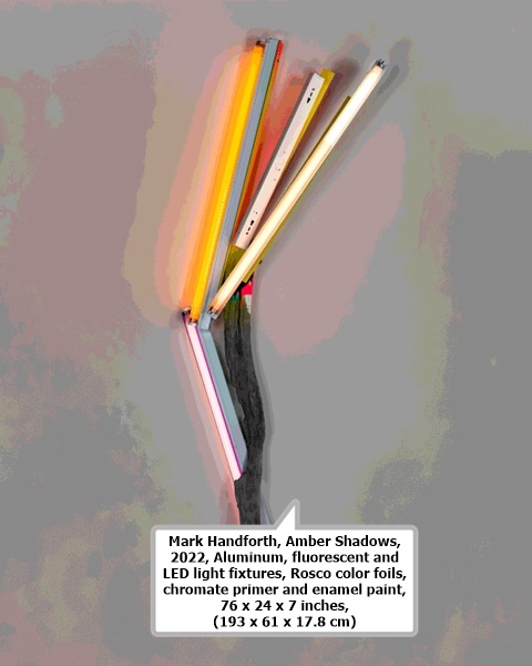 click to enlarge- double click to reduce Mark Handforth, Amber Shadows, 2022, Aluminum, fluorescent and LED light fixtures, Rosco color foils, chromate primer and enamel paint, 76 x 24 x 7 inches, (193 x 61 x 17.8 cm)