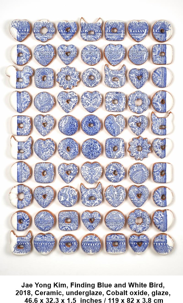 Jae Yong Kim, Finding Blue and White Bird,  
2018, Ceramic, underglaze, Cobalt oxide, glaze, 46.6 x 32.3 x 1.5  inches / 119 x 82 x 3.8 cm 
