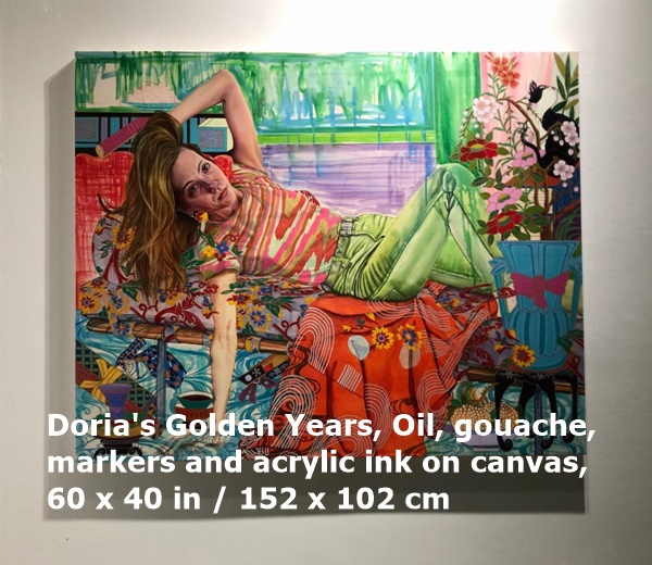 Doria's Golden Years, Oil, gouache, markers and acrylic ink on canvas, 60 x 40 in / 152 x 102 cm