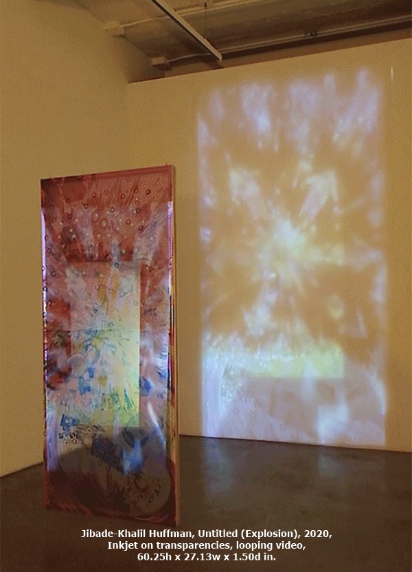 click to enlarge- double click to reduce Jibade-Khalil Huffman, Untitled (Explosion), 2020, Inkjet on transparencies, looping video, 60.25h x 27.13w x 1.50d in.