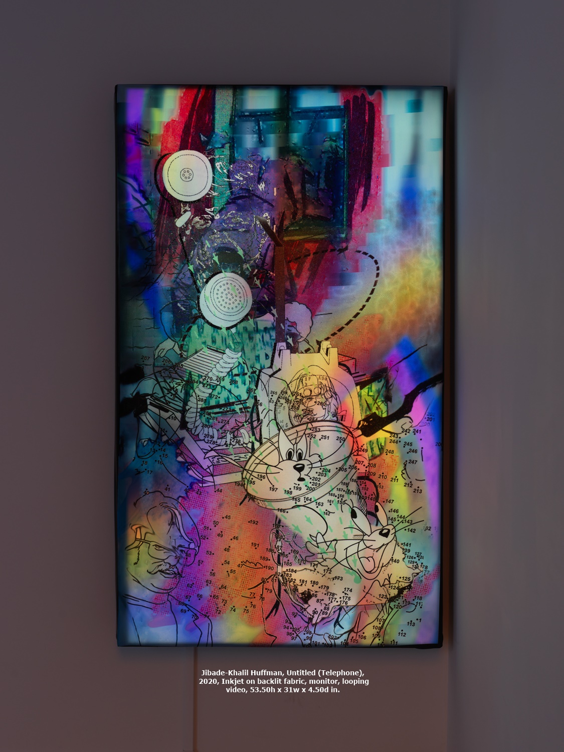 click to enlarge- double click to reduce Jibade-Khalil Huffman, Untitled (Telephone), 2020, Inkjet on backlit fabric, monitor, looping video, 53.50h x 31w x 4.50d in.