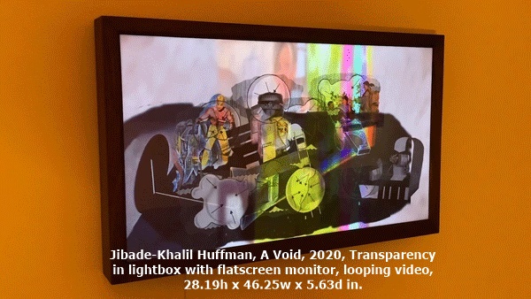 click to enlarge- double click to reduce Jibade-Khalil Huffman, A Void, 2020, Transparency in lightbox with flatscreen monitor, looping video, 28.19h x 46.25w x 5.63d in.