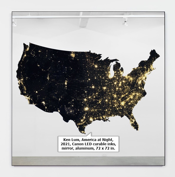 click to enlarge- double click to reduce Ken Lum, America at Night, 2021, Canon LED curable inks, mirror, aluminum, 72 x 72 in.