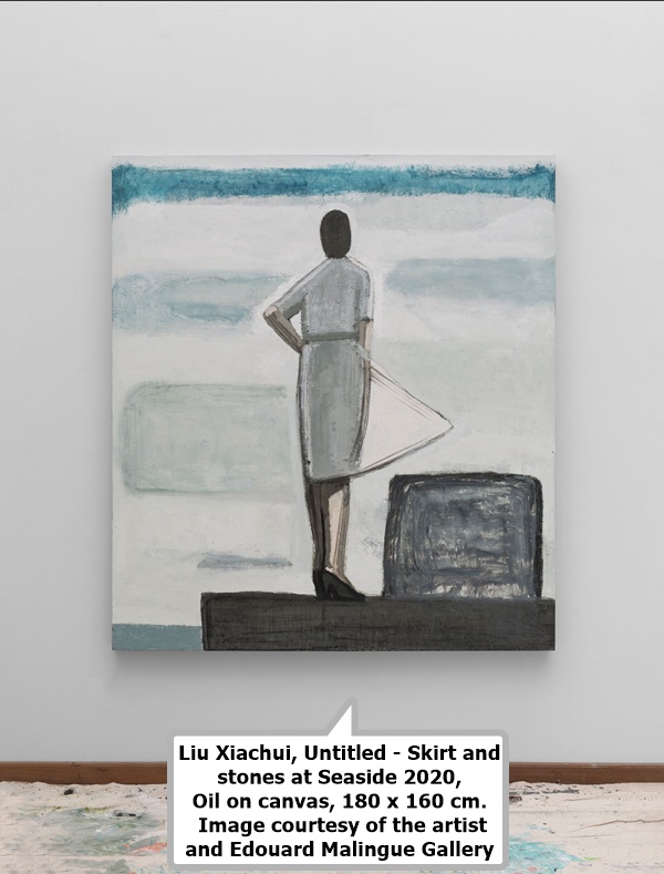 click to enlarge- double click to reduce Liu Xiachui, Untitled - Skirt and stones at Seaside 2020, Oil on canvas, 180 x 160 cm. Image courtesy of the artist and Edouard Malingue Gallery