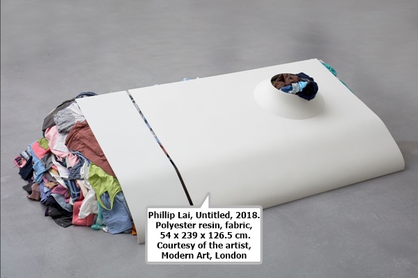 click to enlarge- double click to reduce Phillip Lai, Untitled, 2018. Polyester resin, fabric, 54 x 239 x 126.5 cm.
Courtesy of the artist, Modern Art, London.
