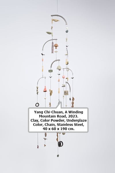 click to enlarge- double click to reduce Yang Chi-Chuan, A Winding Mountain Road, 2023.
Clay, Color Powder, Underglaze Color, Chain, Stainless Steel, 40 x 60 x 190 cm.