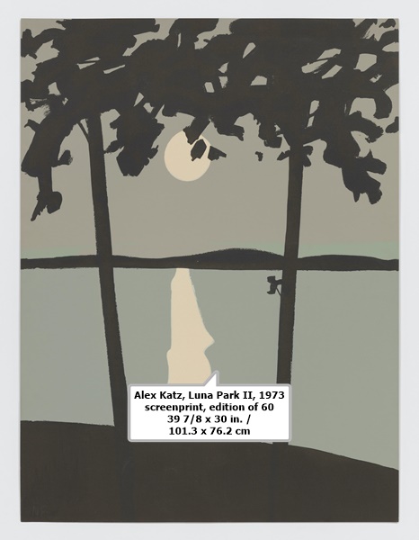 click to enlarge- double click to reduce Alex Katz, Luna Park II, 1973
screenprint, edition of 60
39 7/8 x 30 in. / 101.3 x 76.2 cm