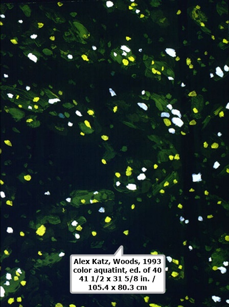 click to enlarge- double click to reduce Alex Katz, Woods, 1993
color aquatint, ed. of 40
41 1/2 x 31 5/8 in. / 105.4 x 80.3 cm