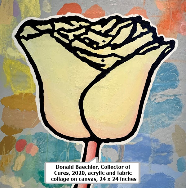 click to enlarge- double click to reduce Donald Baechler, Collector of Cures, 2020, acrylic and fabric collage on canvas, 24 x 24 inches