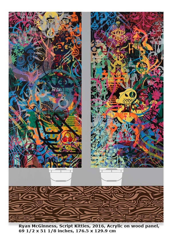 Ryan McGinness, Script Kitties, 2016, Acrylic on wood panel, 69 1/2 x 51 1/8 inches, 176.5 x 129.9 cm