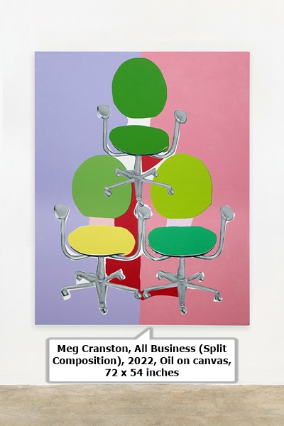 click to enlarge- double click to reduce Meg Cranston, All Business (Split Composition), 2022, Oil on canvas, 72 x 54 inches.