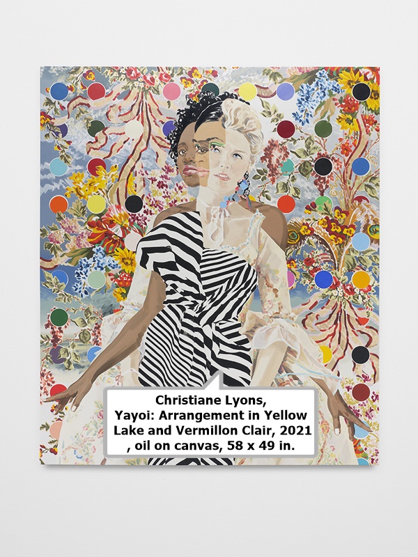 click to enlarge- double click to reduce Christiane Lyons, Yayoi: Arrangement in Yellow Lake and Vermillon Clair, 2021, oil on canvas, 58 x 49 in.