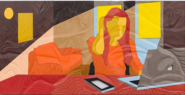 click to enlarge- double click to reduce Neïl Beloufa, Talking about sleeping under the stars, with city lights and pollution blocking the view, 2021, MDF, leather, synthetic leather, legs, electric cord and plug, 85 x 167 x 9 cm