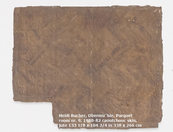 click to enlarge- double click to reduce Heidi Bucher
Obermühle, Parquet room nr. 9, 1980-82
caoutchouc skin, jute
133 1/8 x 104 3/4 in
338 x 266 cm