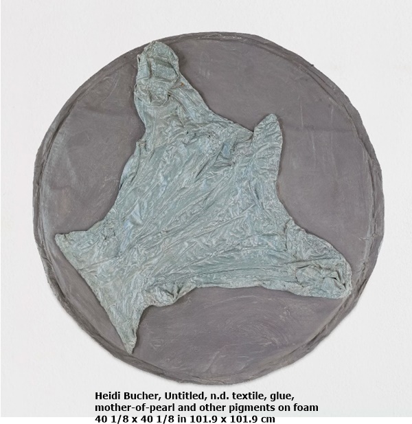 click to enlarge- double click to reduce Heidi Bucher
Untitled, n.d.
textile, glue, mother-of-pearl and other pigments on foam
40 1/8 x 40 1/8 in
101.9 x 101.9 cm