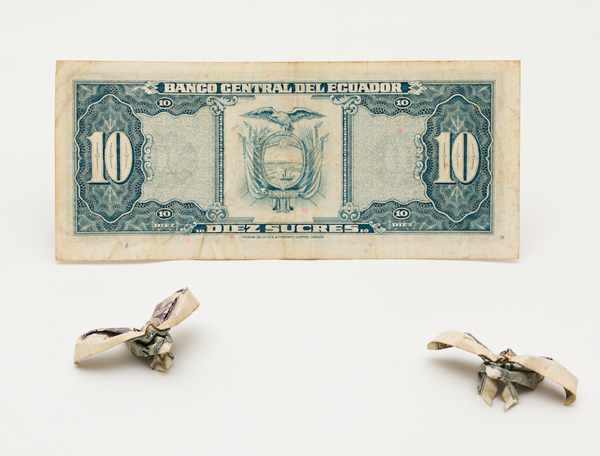 click to enlarge- double click to reduce Paulo Nazareth, MC - Bestiary of Capital, 2019, origami made from the Artist's collection of international currencies, variable dimensions