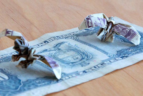 click to enlarge- double click to reduce Paulo Nazareth, MC - Bestiary of Capital, 2019, origami made from the Artist's collection of international currencies, variable dimensions