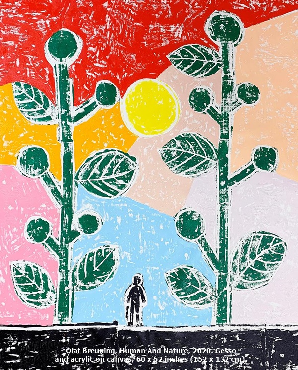 Olaf Breuning, Human And Nature, 2020. Gesso and acrylic on canvas, 60 x 52 inches (152 x 132 cm).