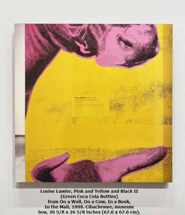 Louise Lawler, Pink and Yellow and Black II (Green Coca Cola Bottles)
from On a Wall, On a Cow, In a Book, In the Mail, 1999.
Cibachrome, museum box, 26 5/8 x 26 5/8 inches (67.6 x 67.6 cm).