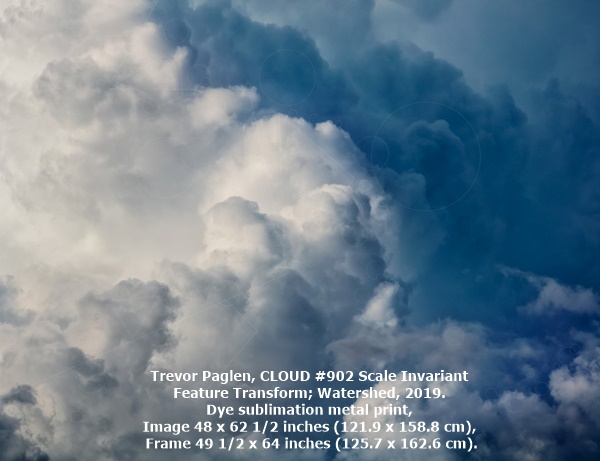 Trevor Paglen, CLOUD #902 Scale Invariant Feature Transform; Watershed, 2019.
Dye sublimation metal print,
Image 48 x 62 1/2 inches (121.9 x 158.8 cm), Frame 49 1/2 x 64 inches (125.7 x 162.6 cm).