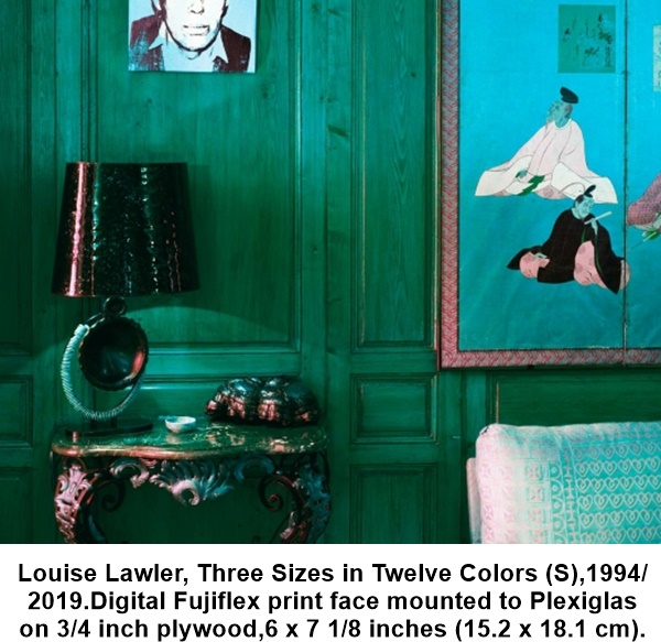 Louise Lawler, Three Sizes in Twelve Colors (S), 1994/2019.
Digital Fujiflex print face mounted to Plexiglas on 3/4 inch plywood,
6 x 7 1/8 inches (15.2 x 18.1 cm).