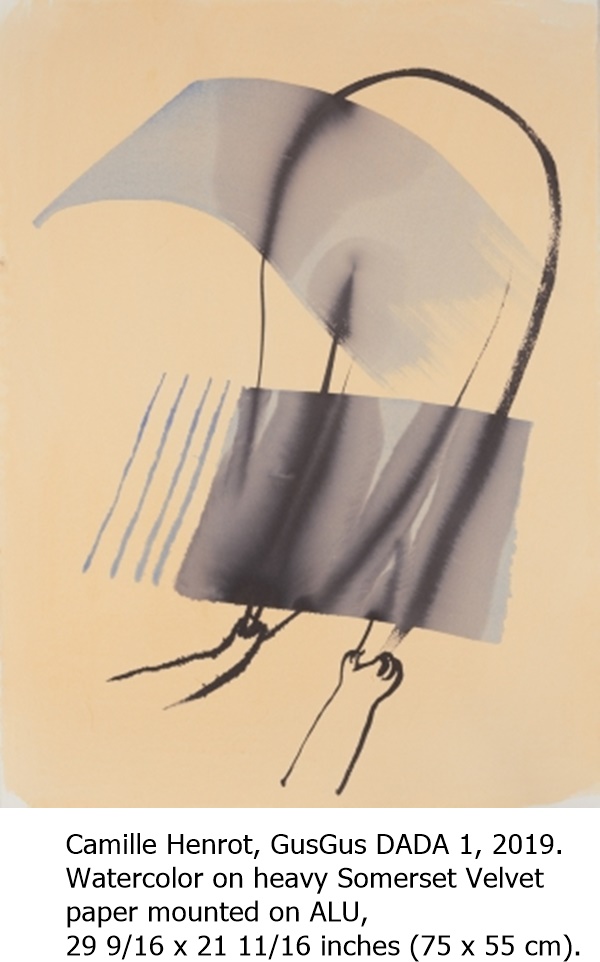 Camille Henrot, GusGus DADA 1, 2019.
Watercolor on heavy Somerset Velvet paper mounted on ALU,
29 9/16 x 21 11/16 inches (75 x 55 cm).