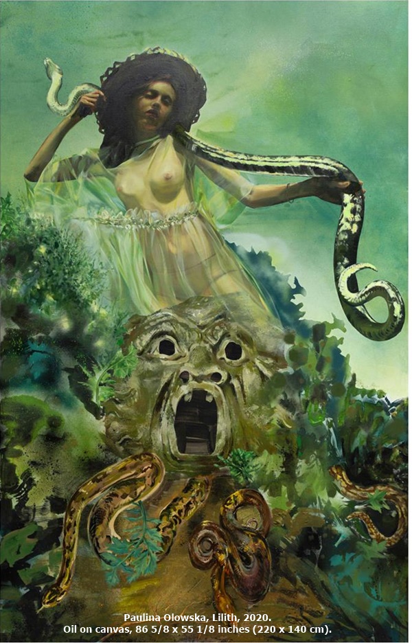 click to enlarge- double click to reduce Paulina Olowska, Lilith, 2020.
Oil on canvas, 86 5/8 x 55 1/8 inches (220 x 140 cm).