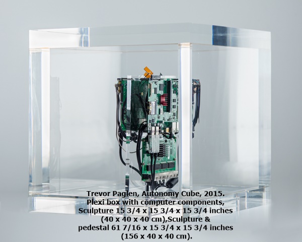 Trevor Paglen, Autonomy Cube, 2015.
Plexi box with computer components, Sculpture 15 3/4 x 15 3/4 x 15 3/4 inches (40 x 40 x 40 cm),

Sculpture & pedestal 61 7/16 x 15 3/4 x 15 3/4 inches (156 x 40 x 40 cm).