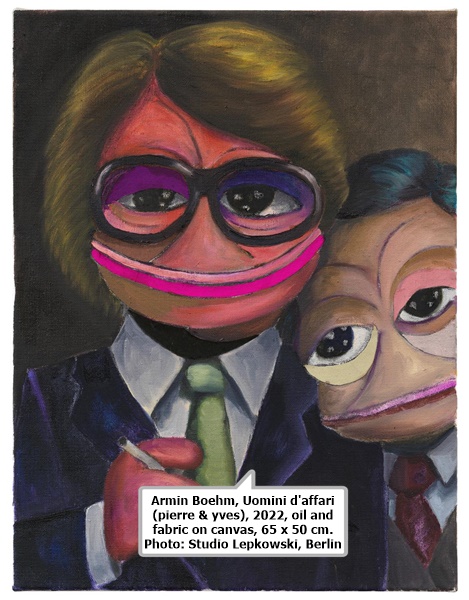 click to enlarge- double click to reduce Armin Boehm, Uomini d'affari (pierre & yves), 2022, oil and fabric on canvas, 65 x 50 cm. Photo: Studio Lepkowski, Berlin