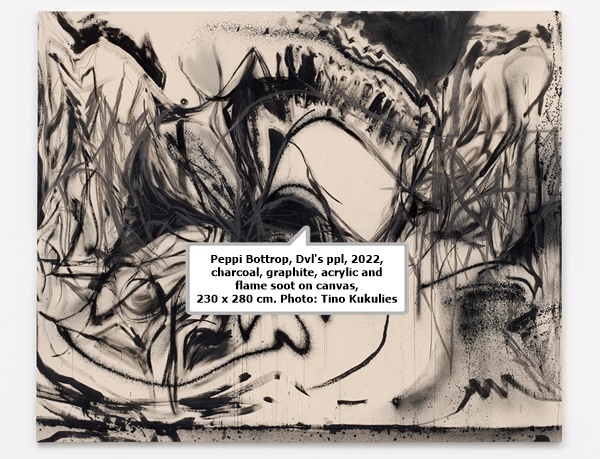 click to enlarge- double click to reduce Peppi Bottrop, Dvl's ppl, 2022, charcoal, graphite, acrylic and flame soot on canvas, 230 x 280 cm. Photo: Tino Kukulies