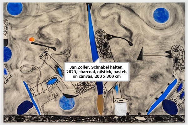 click to enlarge- double click to reduce Jan Zöller, Schnabel halten, 2023, charcoal, oilstick, pastels on canvas, 200 x 300 cm