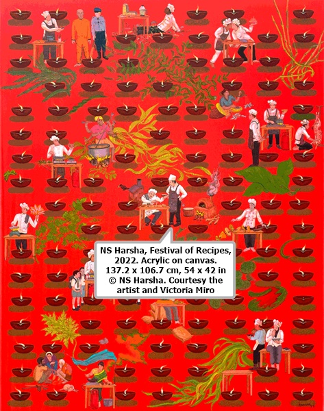 click to enlarge- double click to reduce NS Harsha, Festival of Recipes, 2022. Acrylic on canvas. 137.2 x 106.7 cm, 54 x 42 in © NS Harsha. Courtesy the artist and Victoria Miro
