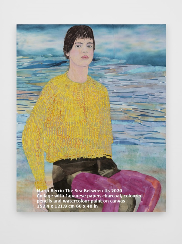 María Berrío The Sea Between Us 2020
Collage with Japanese paper, charcoal, coloured 
pencils and watercolour paint on canvas
152.4 x 121.9 cm 60 x 48 in