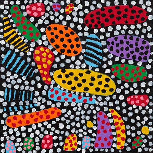 click to enlarge- double click to reduce Yayoi Kusama, SAKURA SAKURA SAKURA From My Heart I Say Kindly You Toy with My Life and Death Thank You, Cherry Blossoms From My Heart I Say I Long to See You, 2021. Acrylic on canvas. 60.6 x 60.6 cm, 23 7/8 x 23 7/8 in © YAYOI KUSAMA. Courtesy Ota Fine Arts, Victoria Miro, and David Zwirner.