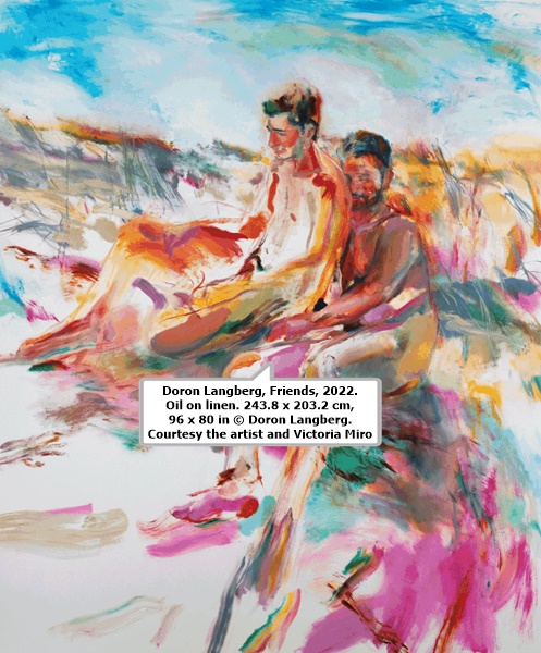 Doron Langberg, Friends, 2022. Oil on linen. 243.8 x 203.2 cm, 96 x 80 in © Doron Langberg. Courtesy the artist and Victoria Miro
