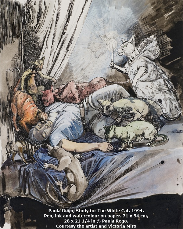 click to enlarge- double click to reduce Paula Rego, Study for The White Cat, 1994. Pen, ink and watercolour on paper. 71 x 54 cm, 28 x 21 1/4 in © Paula Rego. Courtesy the artist and Victoria Miro