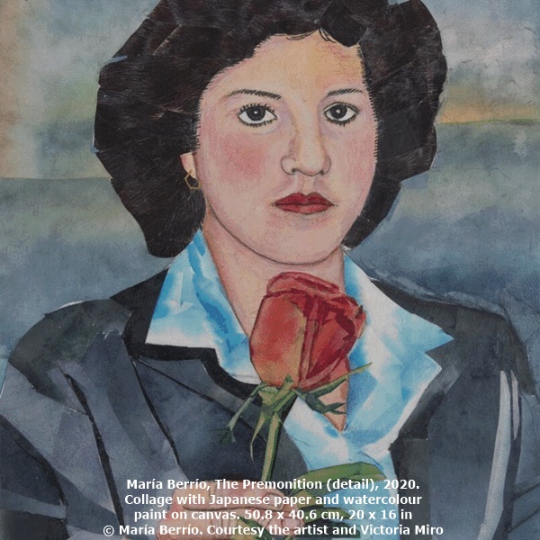 click to enlarge- double click to reduce María Berrío, The Premonition (detail), 2020. Collage with Japanese paper and watercolour paint on canvas. 50.8 x 40.6 cm, 20 x 16 in © María Berrío. Courtesy the artist and Victoria Miro