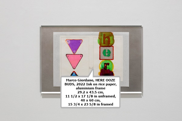 click to enlarge- double click to reduce Marco Giordano, HERE OOZE BUDS, 2022
Ink on rice paper, aluminium frame
29.2 x 43.5 cm, 11 1/2 x 17 1/8 in unframed, 40 x 60 cm, 15 3/4 x 23 5/8 in framed